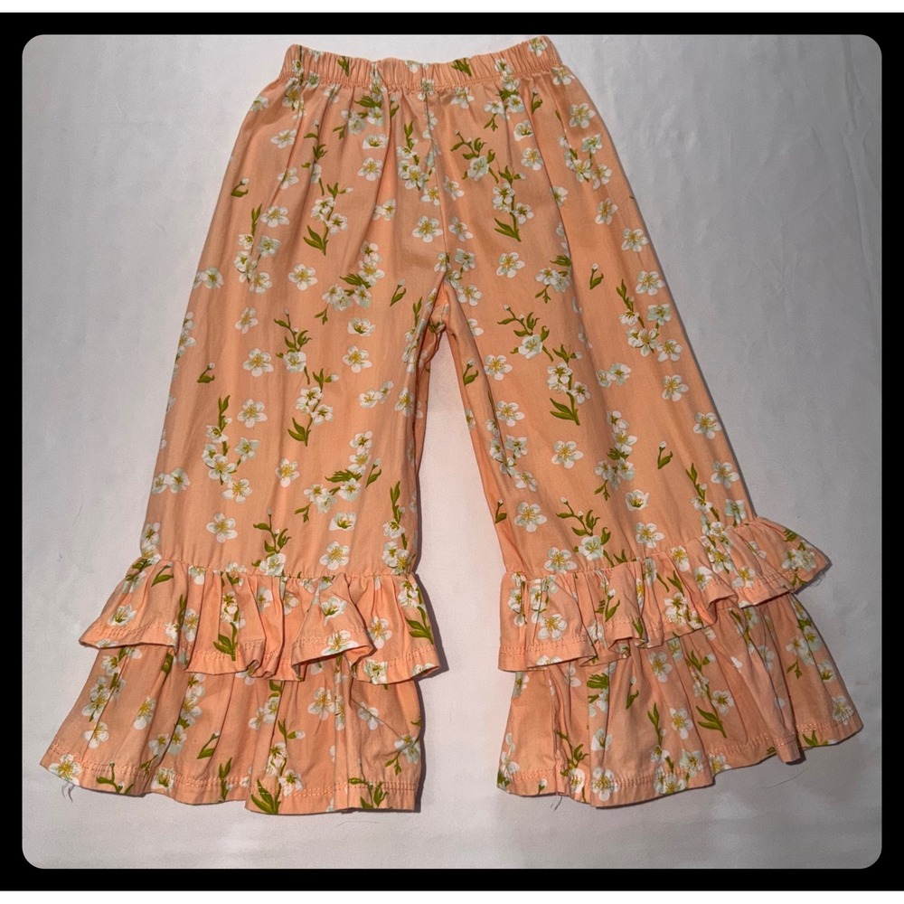 Jelly the Pug Floral Ruffle Pant Set Kids Size 6 Green Peach Boho - Picture 10 of 11